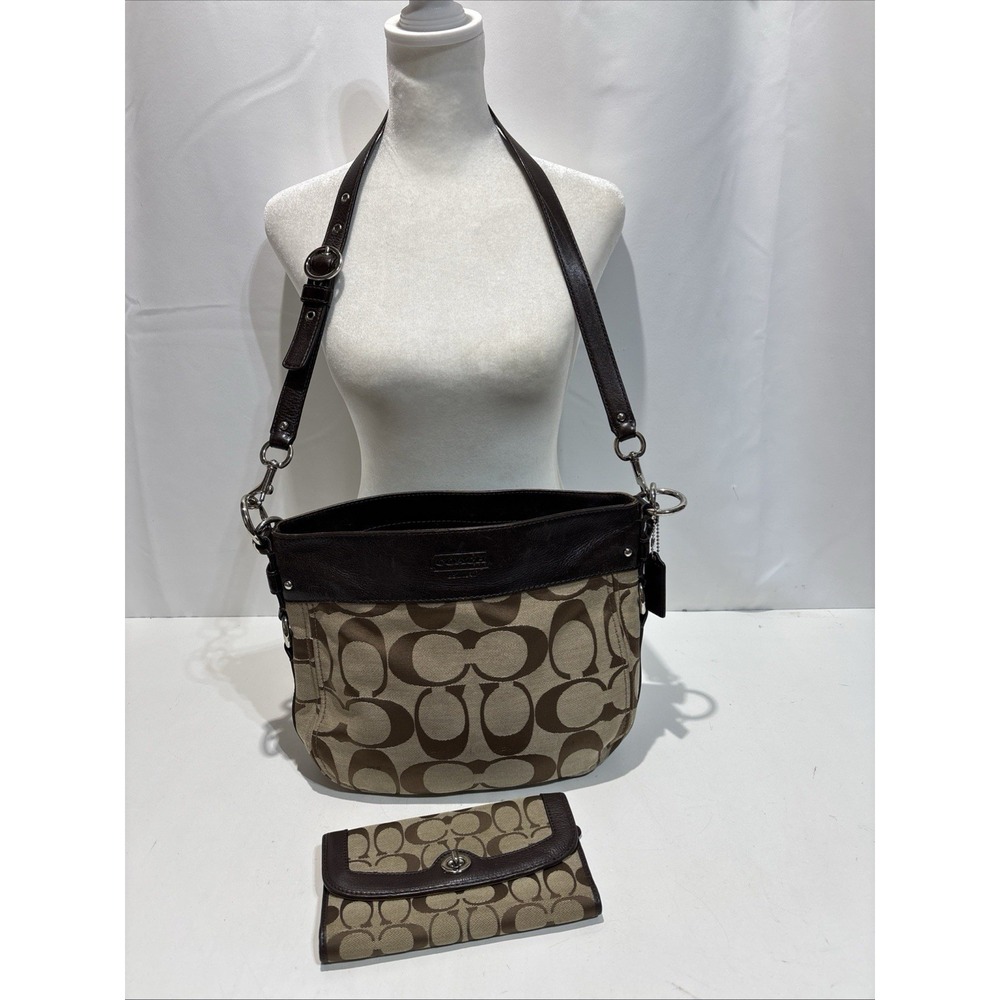 VTG Coach Monogram Brown Hobo Zoe Shoulder Zip Bag Silver F14708 Wallet 2009